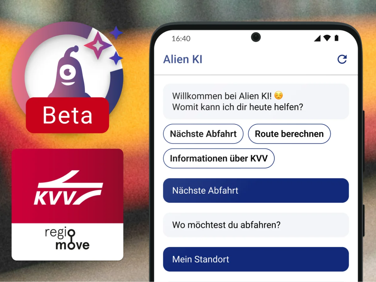 Smartphone mit dem Chat der Alien-KI in der regiomove-App, daneben das Alien-Icon mit Beta-Badge und das App-Icon von KVV.regiomove