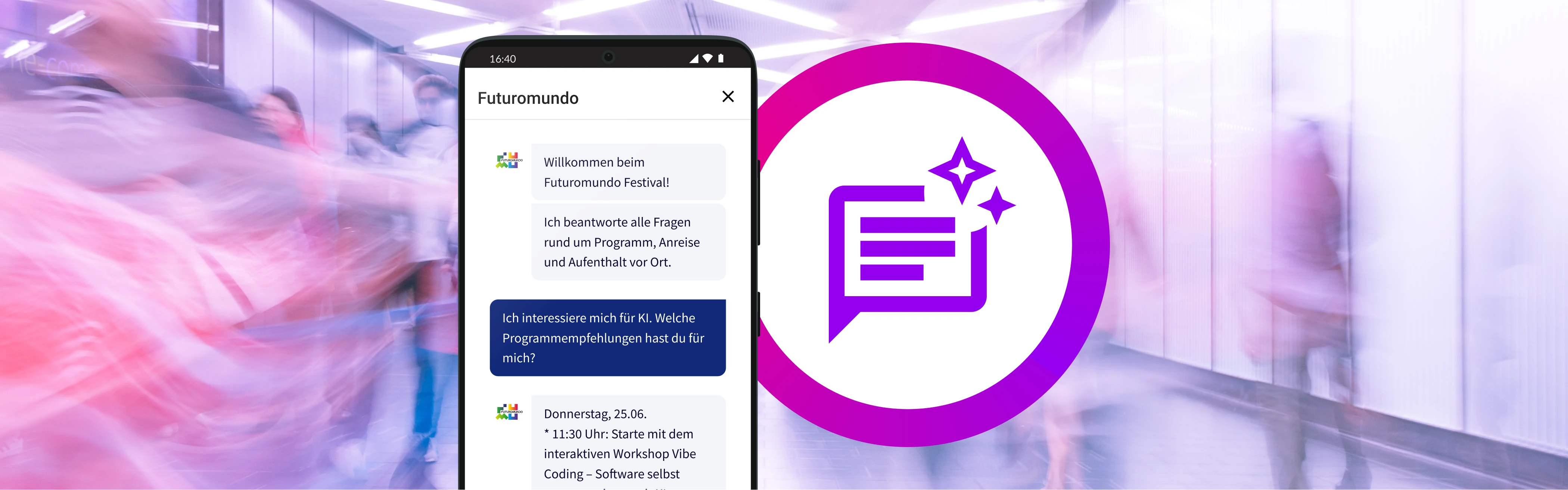 KI-Bot mit Chatfunktion, im Hintergrund Datenströme schematisch dargestellt
