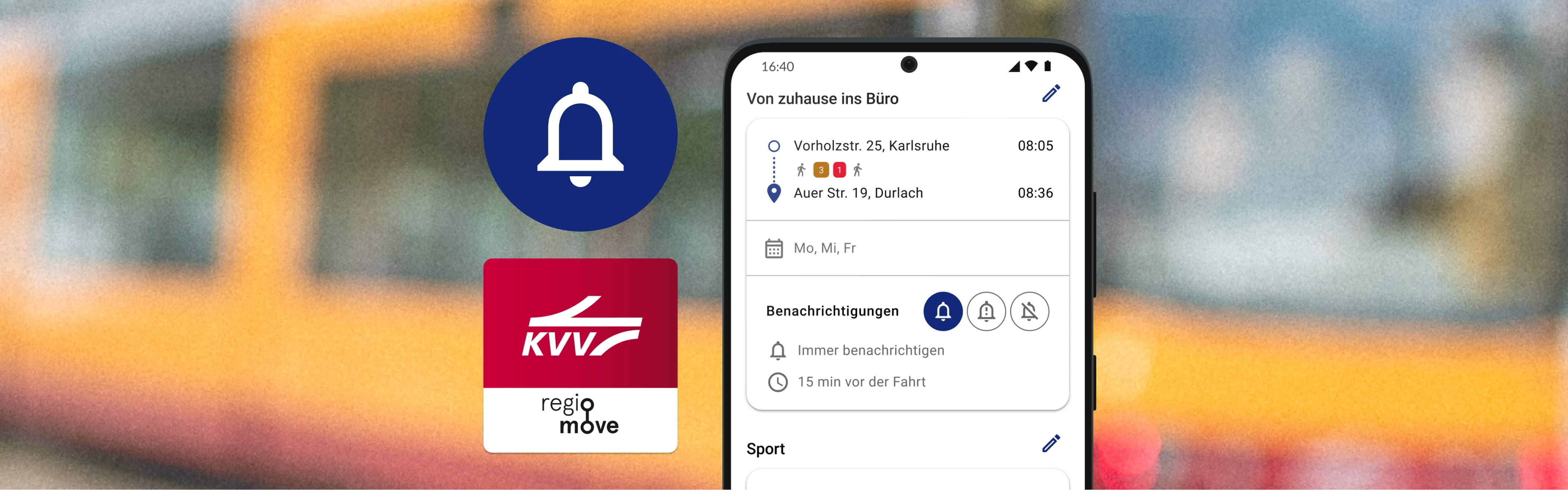 Mittig ein Mockup das die Alarmfunktion der regiomove-App in Aktion zeigt vor dem verschwommenen Hintergrund einen Bahn. Links ist das Logo von KVV.regiomove und ein Alarmicon zu sehen.