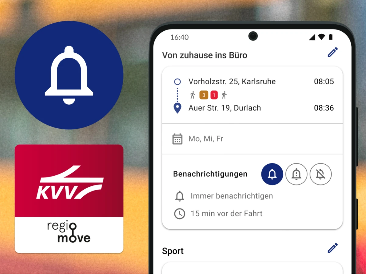 Mittig ein Mockup das die Alarmfunktion der regiomove-App in Aktion zeigt vor dem verschwommenen Hintergrund einen Bahn. Links ist das Logo von KVV.regiomove und ein Alarmicon zu sehen.