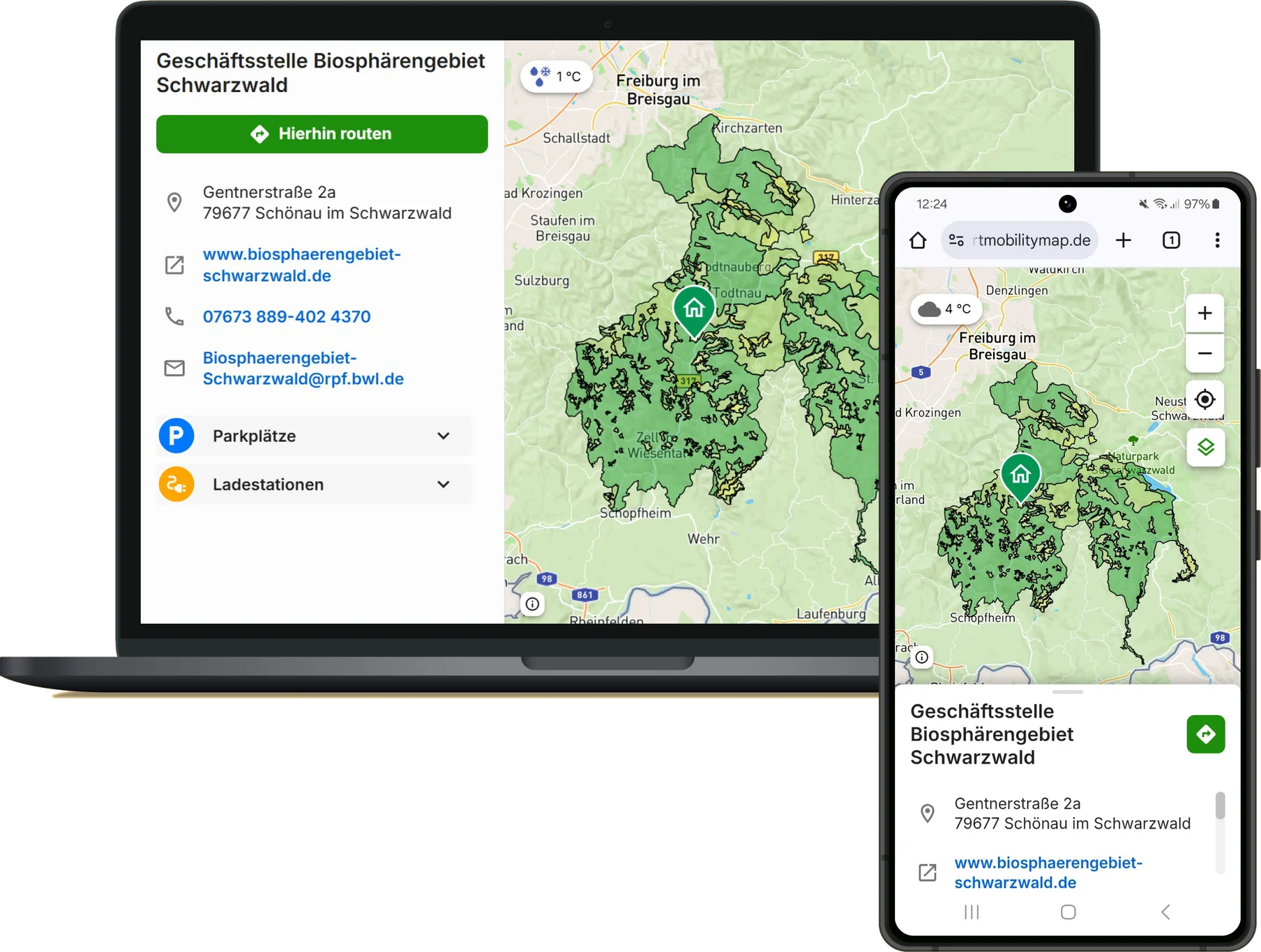 smap für das Biosphärengebiet Schwarzwald auf Laptop und Smartphone: Karte der Region südlich von Freiburg im Breisgau mit den grün eingefärbten Zonen des Biosphärengebiets, dem Eintrag „Geschäftsstelle Biosphärengebiet Schwarzwald“ sowie Filtern für Parkplätze und Ladestationen