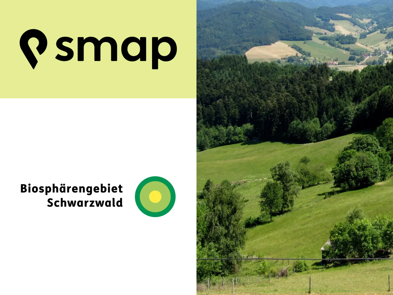 smap-Logo, Logo des Biosphärengebiets Schwarzwald und eine sonnige Schwarzwaldlandschaft mit Wiesen, Weiden und bewaldeten Hängen