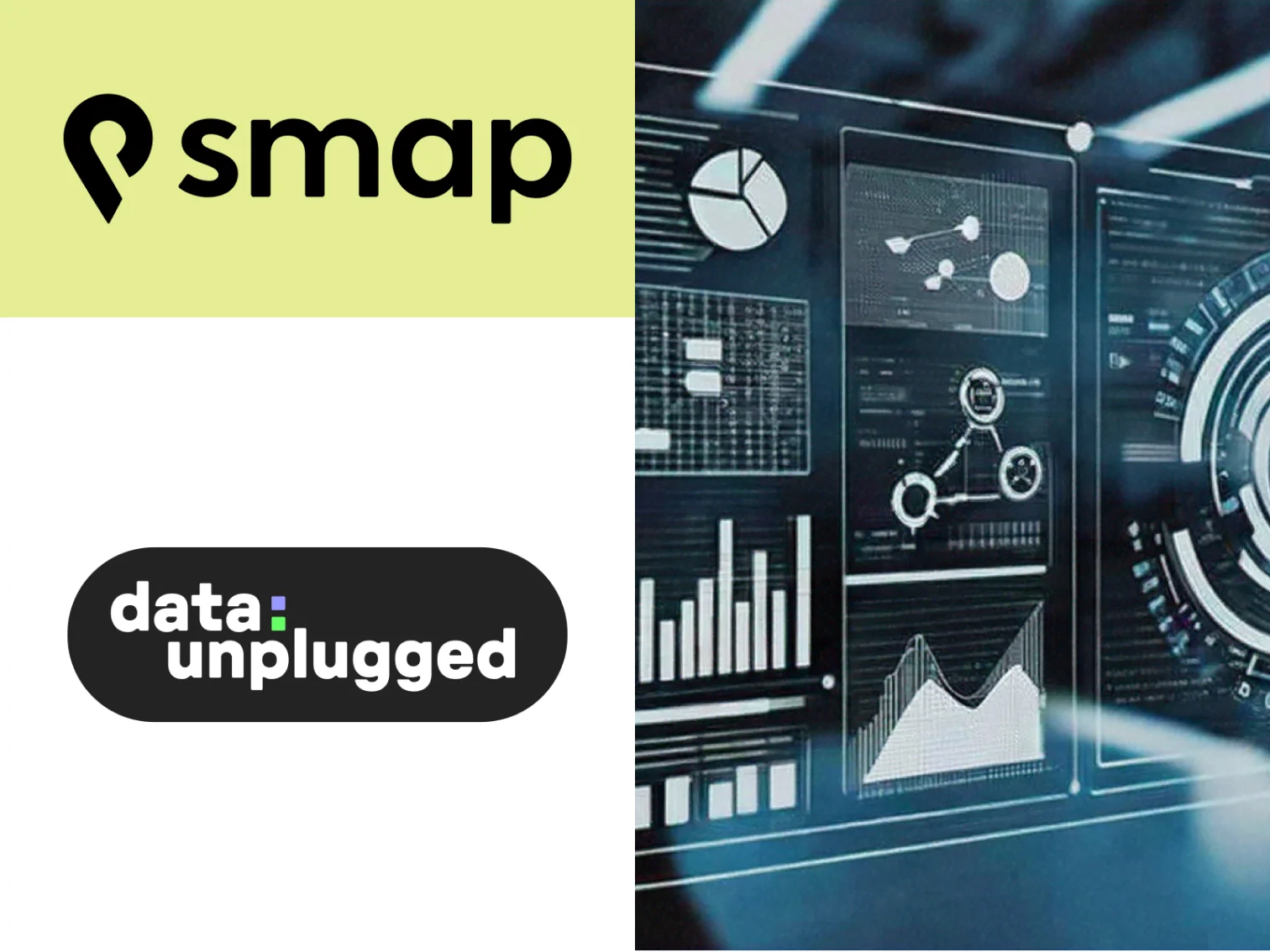 smap-Logo, Logo des data:unplugged Festivals und eine Visualisierung von Datenanalysen auf transparenten Bildschirmen