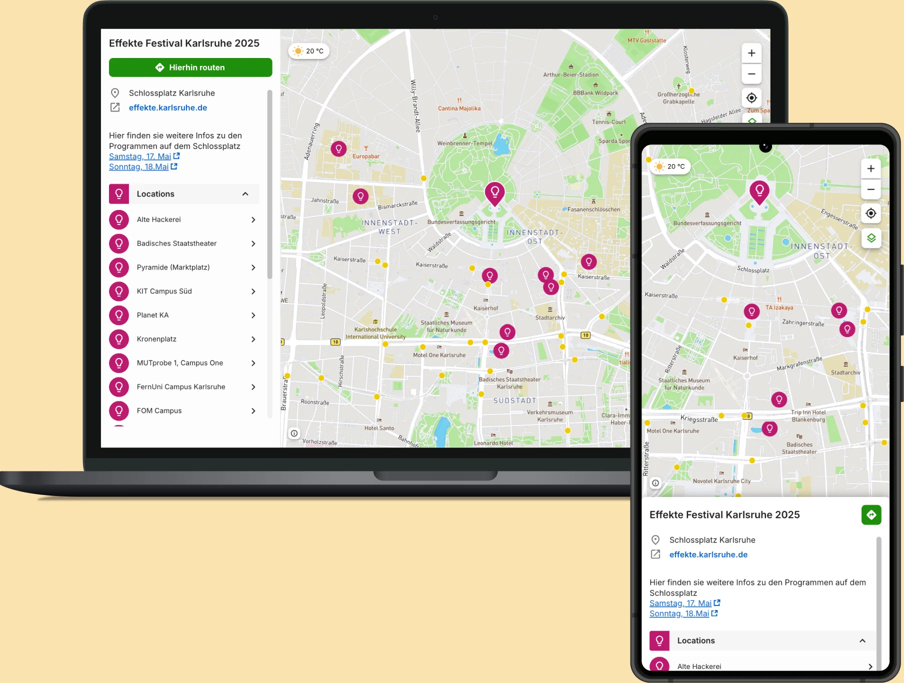 smap für das Wissenschaftsfestival EFFEKTE auf Laptop und Smartphone mit Karte der Karlsruher Innenstadt, markierten Veranstaltungsorten und Routing zum Schlossplatz