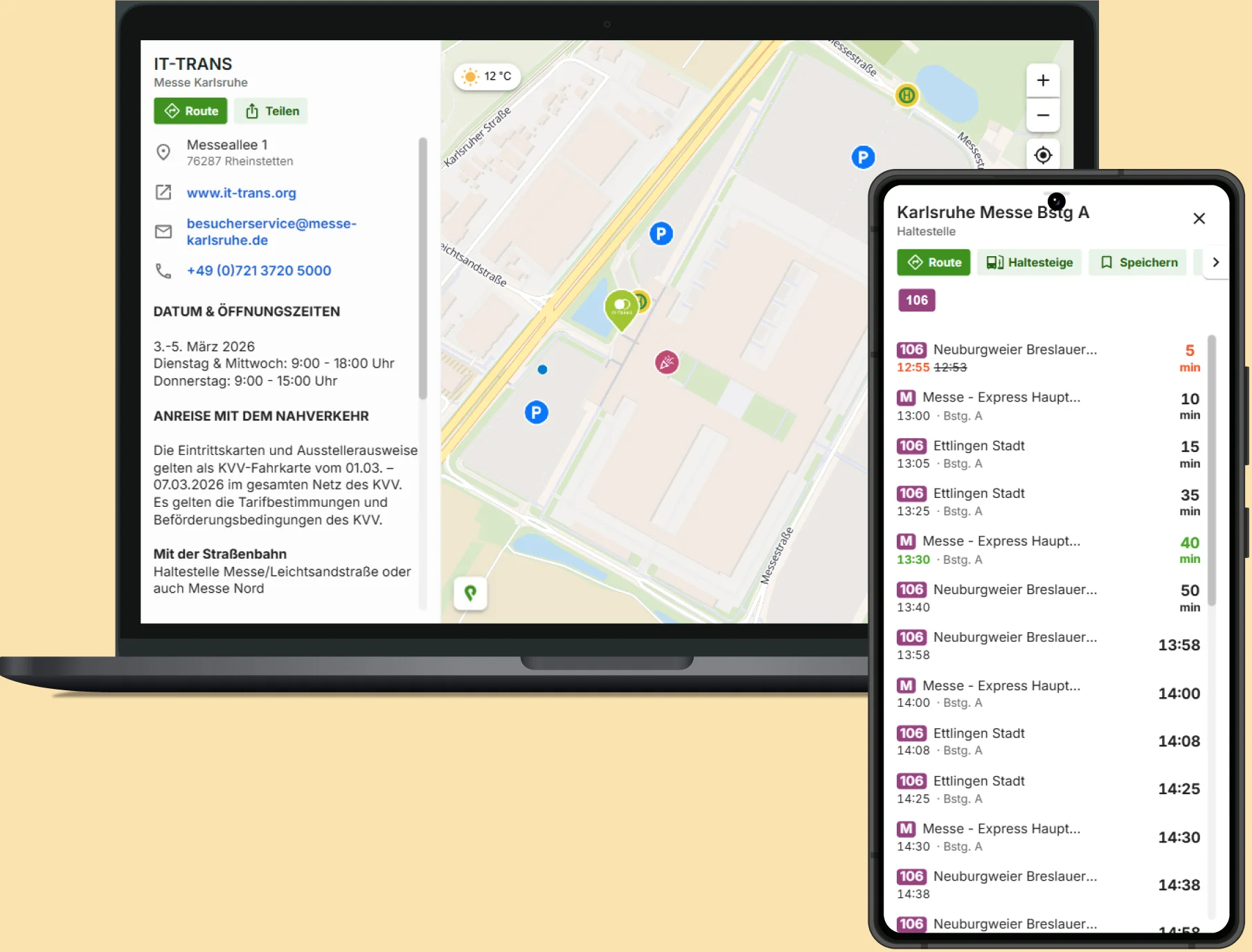 smap für die IT-TRANS auf Laptop und Smartphone: Karte des Messegeländes Karlsruhe mit Parkplätzen und Infos zur Messe sowie Echtzeit-Abfahrtsmonitor der Haltestelle Karlsruhe Messe