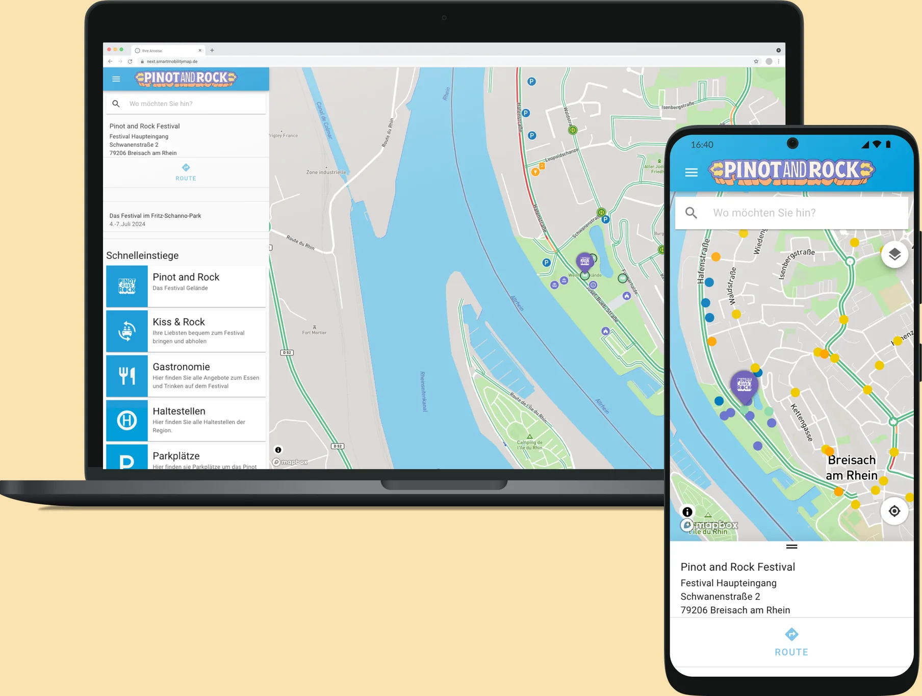 smap für das „Pinot and Rock“-Festival auf Laptop und Smartphone: Karte von Breisach am Rhein mit dem Festivalgelände im Fritz-Schanno-Park, Schnelleinstiegen zu Gastronomie, Haltestellen und Parkplätzen sowie Route zum Festival-Haupteingang