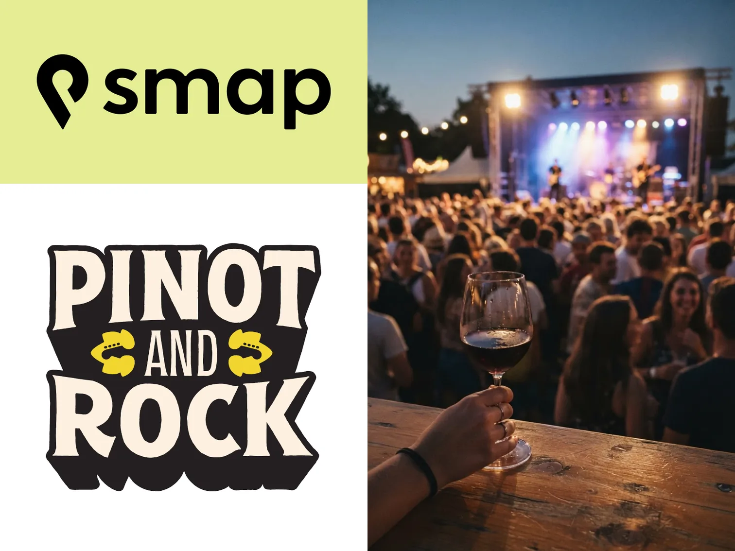smap-Logo, Logo des „Pinot and Rock“-Festivals und Festivalpublikum vor der beleuchteten Bühne in der Abenddämmerung, im Vordergrund eine Hand mit einem Glas Rotwein an einem Holztisch
