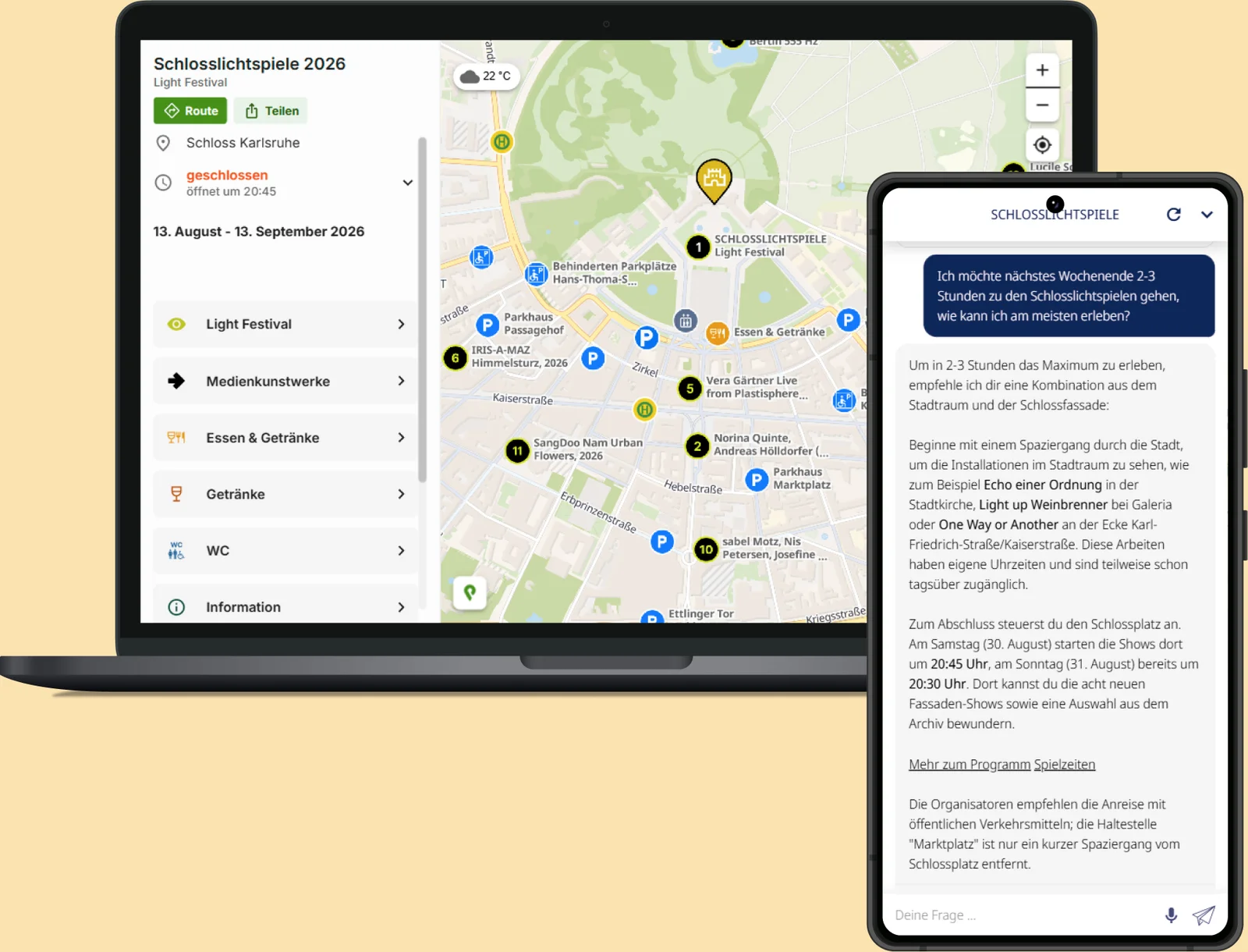 smap der SCHLOSSLICHTSPIELE Karlsruhe auf Laptop und Smartphone: Geländeplan mit den Spielstätten in der Innenstadt und der smapBot als KI-Guide im Dialog
