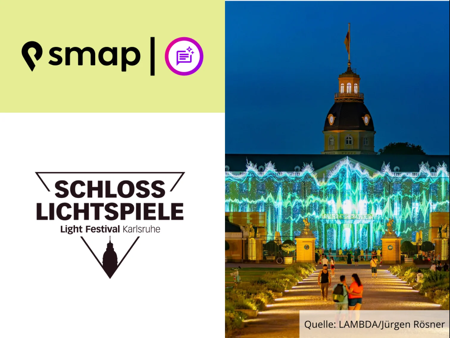 smap-Logo mit smapBot-Symbol, Logo der SCHLOSSLICHTSPIELE Light Festival Karlsruhe und das nachts illuminierte Karlsruher Schloss