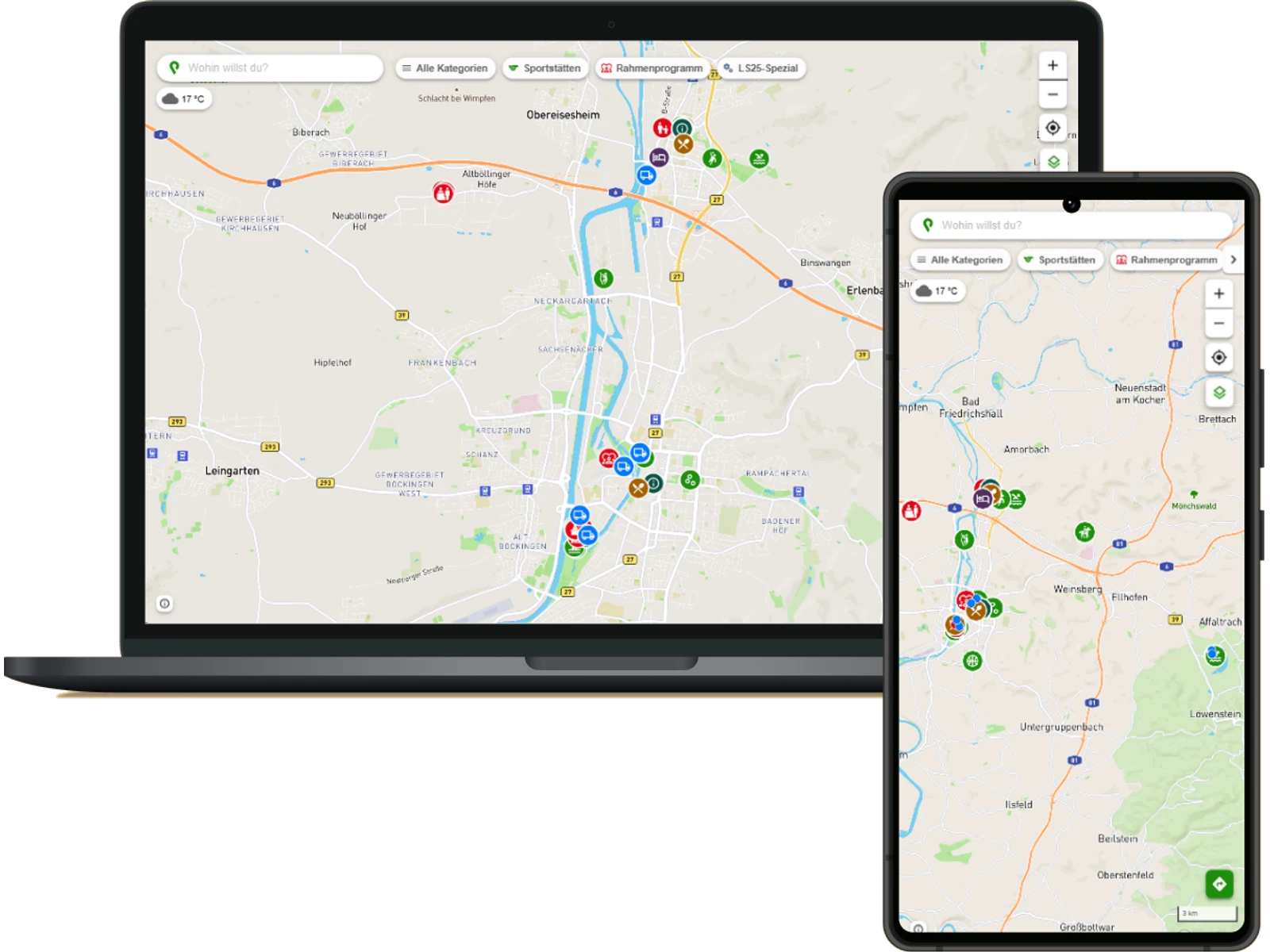 smap der Special Olympics Landesspiele auf Laptop und Smartphone mit den Wettkampfstandorten in Heilbronn und Neckarsulm