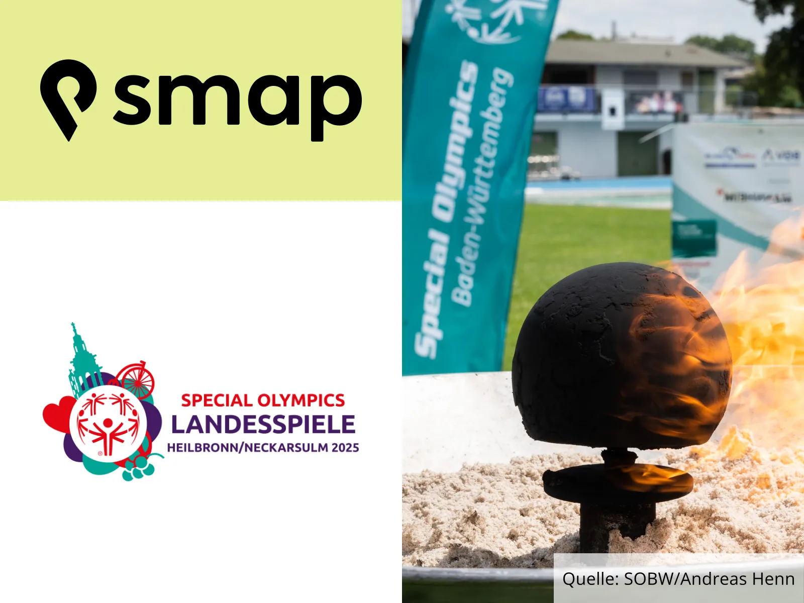 smap-Logo, Logo der Special Olympics Landesspiele Heilbronn/Neckarsulm 2025 und eine Rollstuhlsportlerin im Wettkampf