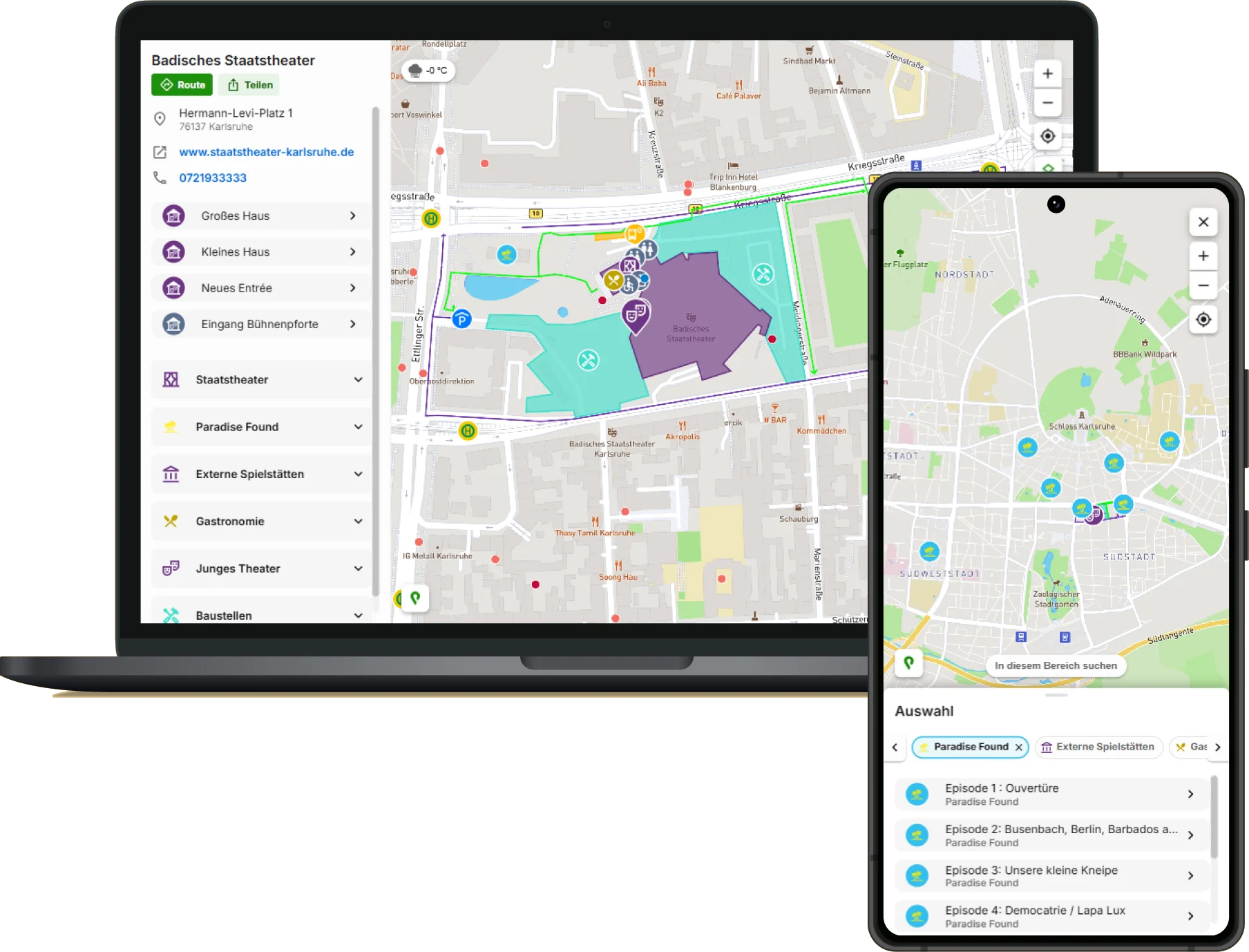smap für das Badische Staatstheater Karlsruhe auf Laptop und Smartphone: Karte der Karlsruher Innenstadt mit dem Theatergelände, der Adresse Hermann-Levi-Platz 1, Einstiegen zu Großem Haus, Kleinem Haus und Bühnenpforte sowie Filtern für Spielstätten, Gastronomie und Baustellen